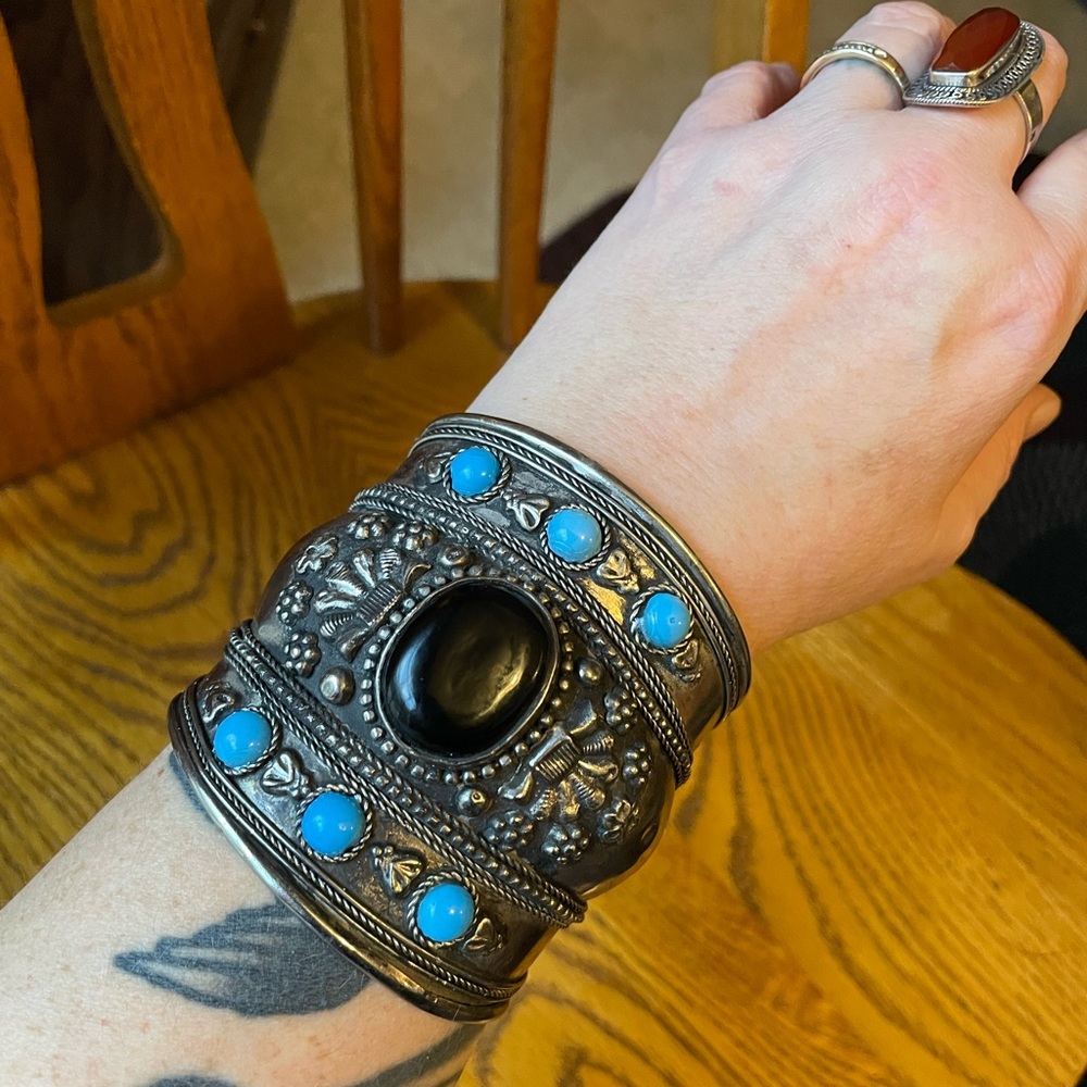 Onyx with Turquoise cuff Ornate bracelet wide Metal Ren Faire Southwest floral